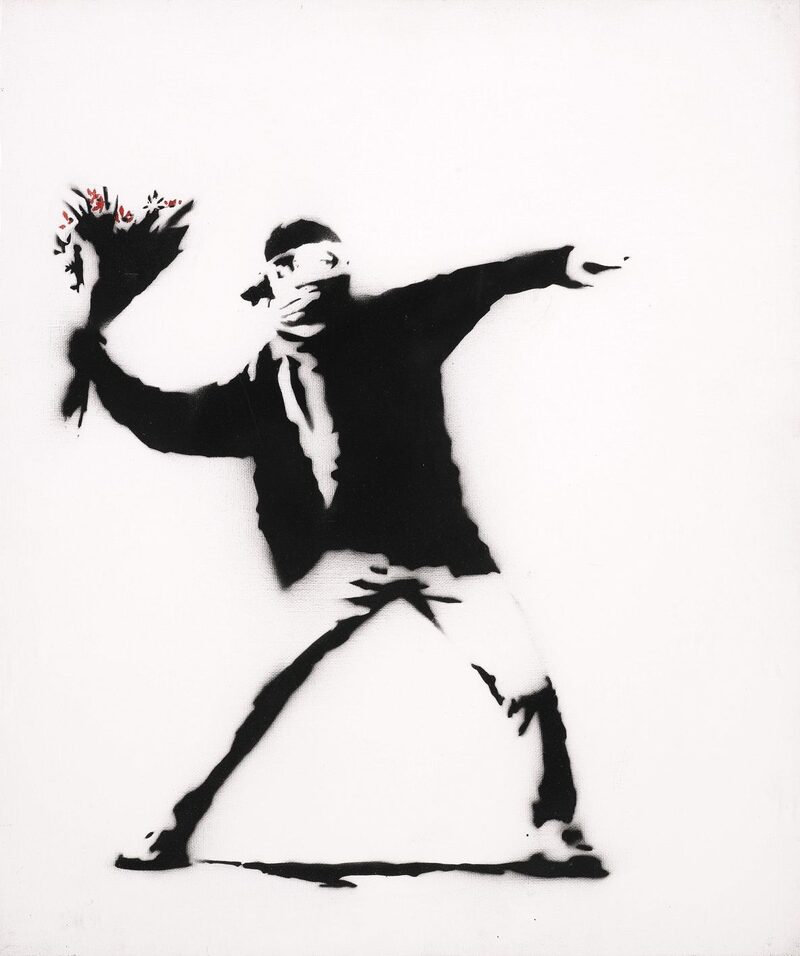 El lote 174 es una obra de Banksy, "Untitled (Flower Thrower)", que se muestra en esta foto sin fecha enviada a la prensa el 16 de julio de 2009. La obra se vendió por 43.250 libras esterlinas. El lote 174 es una obra de Banksy, "Untitled (Flower Thrower)", que se muestra en esta foto sin fecha enviada a la prensa el 16 de julio de 2009. La obra se vendió por 43.250 libras esterlinas.
