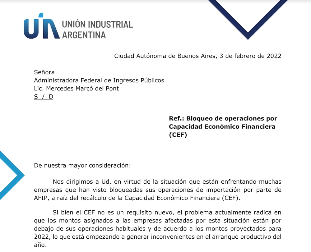 La carta de la UIA a la AFIP. La carta de la UIA a la AFIP.