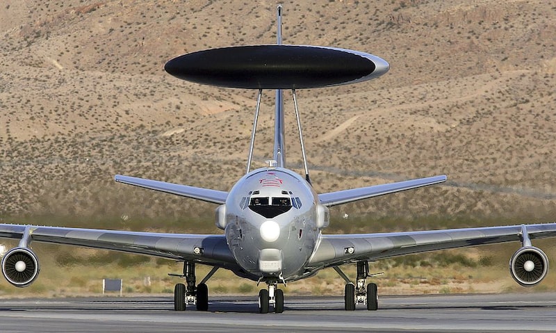 NELLIS AFB, NV - APRIL 25: A United States Air Force E-3 AWACS (Airborne Warning and Control System) taxis after landing at Nellis Air Force Base while participating in the Joint Expeditionary Force Experiment 2006 (JEFX 06) April 25, 2006 in Las Vegas, Nevada. JEFX is a biannual test of new systems and technologies by every branch of the military in an attempt to speed their introduction into the modern battlefield. This year's tests involve about 1,400 personnel from the United States, Great Britain, Canada and Australia studying new technologies during mock combat over the Nevada desert and center on finding better ways to communicate critical information between armed forces. (Photo by Ethan Miller/Getty Images) NELLIS AFB, NV - APRIL 25: A United States Air Force E-3 AWACS (Airborne Warning and Control System) taxis after landing at Nellis Air Force Base while participating in the Joint Expeditionary Force Experiment 2006 (JEFX 06) April 25, 2006 in Las Vegas, Nevada. JEFX is a biannual test of new systems and technologies by every branch of the military in an attempt to speed their introduction into the modern battlefield. This year's tests involve about 1,400 personnel from the United States, Great Britain, Canada and Australia studying new technologies during mock combat over the Nevada desert and center on finding better ways to communicate critical information between armed forces. (Photo by Ethan Miller/Getty Images)