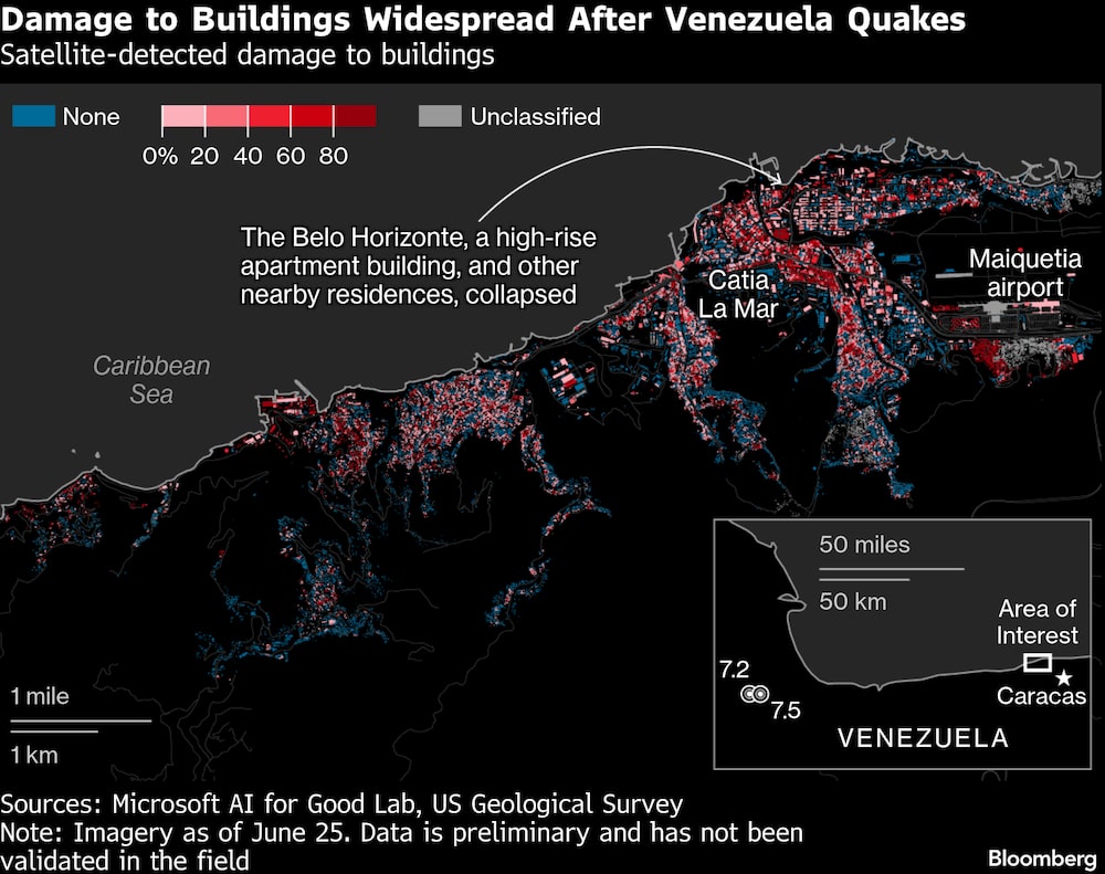 Daños en los edificios detectados por satélite. Daños en los edificios detectados por satélite.
