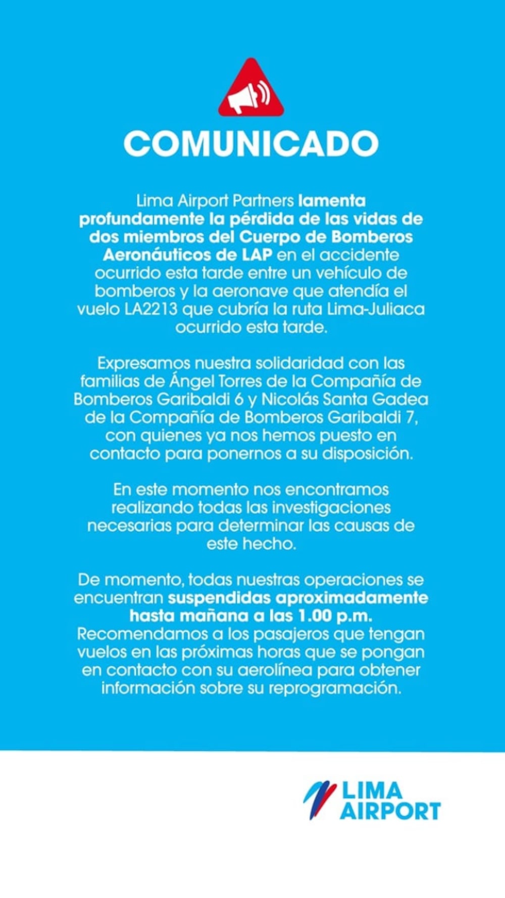 Comunicado de LAP sobre el accidente del vuelo de Latam Airlines en Perú. Comunicado de LAP sobre el accidente del vuelo de Latam Airlines en Perú.