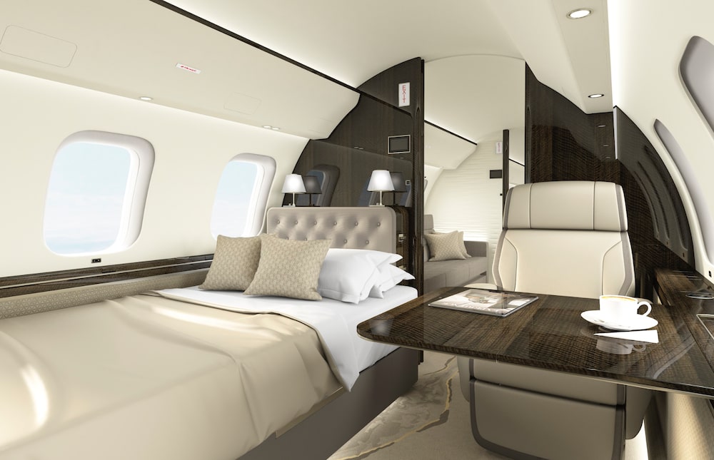 Cabine do Global 8000 é dividida em quatro zonas e tem suíte com cama, voltada a voos transcontinentais ( Cabine do Global 8000 é dividida em quatro zonas e tem suíte com cama, voltada a voos transcontinentais (