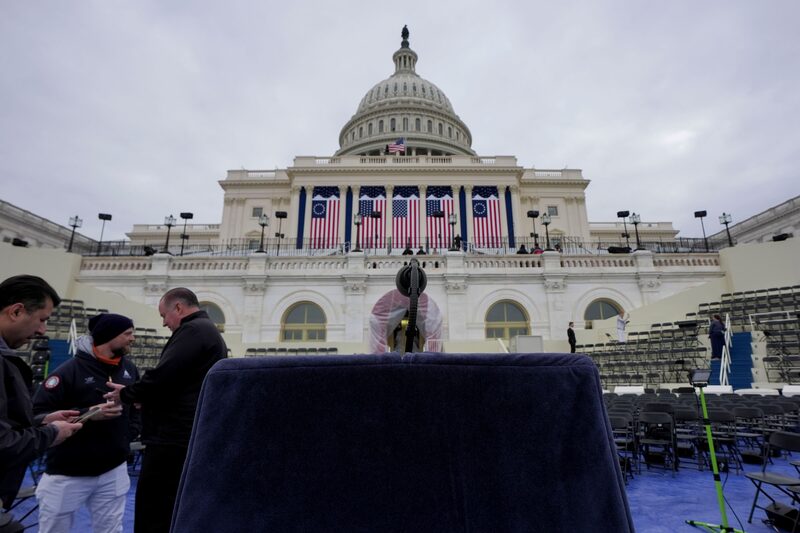 The podium ahead of the 60th presidential inauguration in Washington, DC, US, on Friday, Jan. 17, 2025. The inauguration of President-elect Donald Trump and Vice President-elect JD Vance is set to be moved indoors due to the dangerously cold temperatures forecast in Washington DC, CNN reported. Photographer: Al Drago/Bloomberg The podium ahead of the 60th presidential inauguration in Washington, DC, US, on Friday, Jan. 17, 2025. The inauguration of President-elect Donald Trump and Vice President-elect JD Vance is set to be moved indoors due to the dangerously cold temperatures forecast in Washington DC, CNN reported. Photographer: Al Drago/Bloomberg