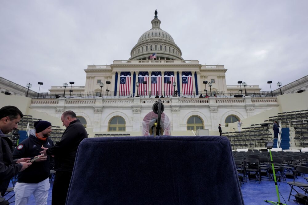 The podium ahead of the 60th presidential inauguration in Washington, DC, US, on Friday, Jan. 17, 2025. The inauguration of President-elect Donald Trump and Vice President-elect JD Vance is set to be moved indoors due to the dangerously cold temperatures forecast in Washington DC, CNN reported. Photographer: Al Drago/Bloomberg The podium ahead of the 60th presidential inauguration in Washington, DC, US, on Friday, Jan. 17, 2025. The inauguration of President-elect Donald Trump and Vice President-elect JD Vance is set to be moved indoors due to the dangerously cold temperatures forecast in Washington DC, CNN reported. Photographer: Al Drago/Bloomberg