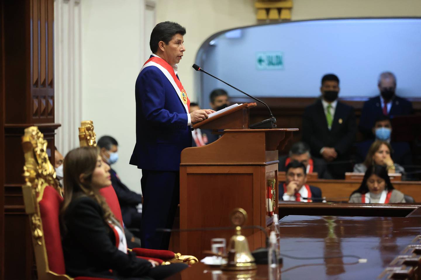 Pedro Castillo, presidente de Perú, da un mensaje a la nación desde el Congreso de la República a un año de que inició su gobierno.