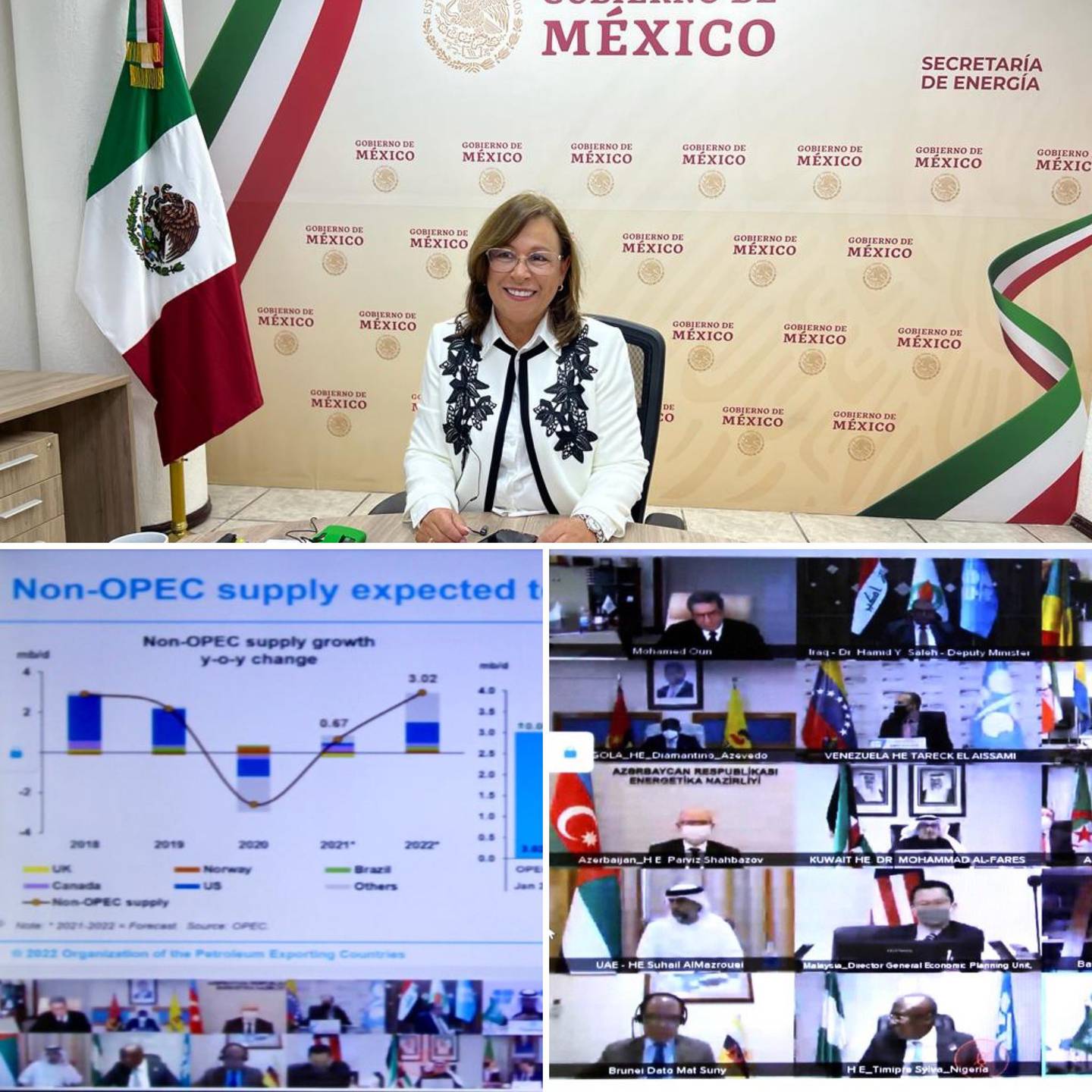 La titular de la Secretaría de Energía de México, Rocío Nahle García, participa en la reunión magisterial número 25 de OPEP+ de 2022. (Foto: Sener).