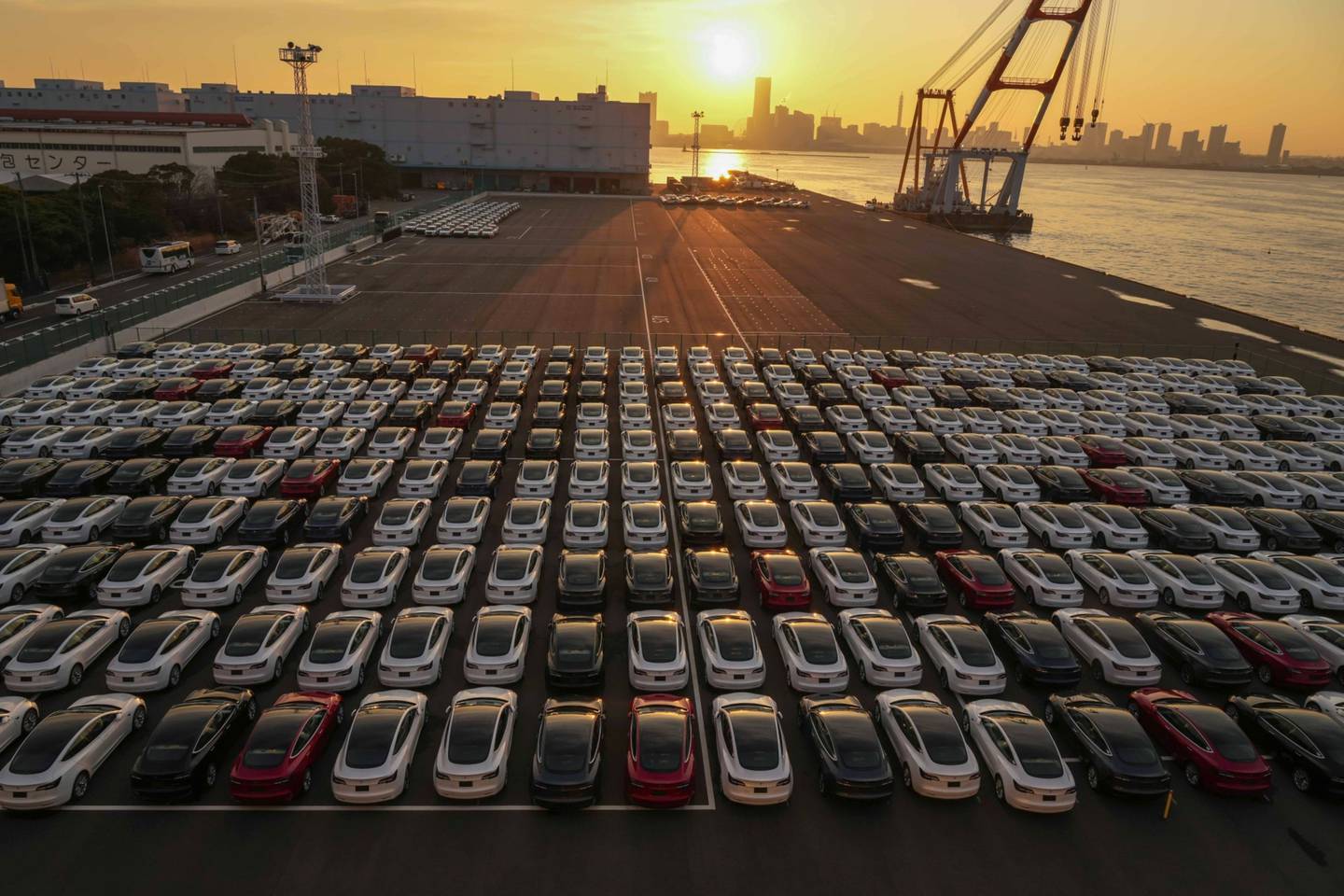 Vehículos de Tesla en un estacionamiento después de llegar a un puerto en Yokohama, Japón, el lunes 14 de febrero de 2022.