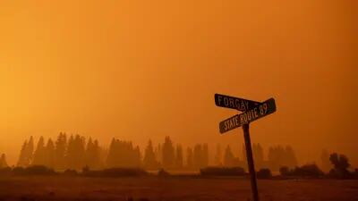 Señales de la ruta estatal 89 y de la carretera de Forgay contra un cielo naranja durante un incendio forestal. Fotógrafo: David Odisho/Bloomberg