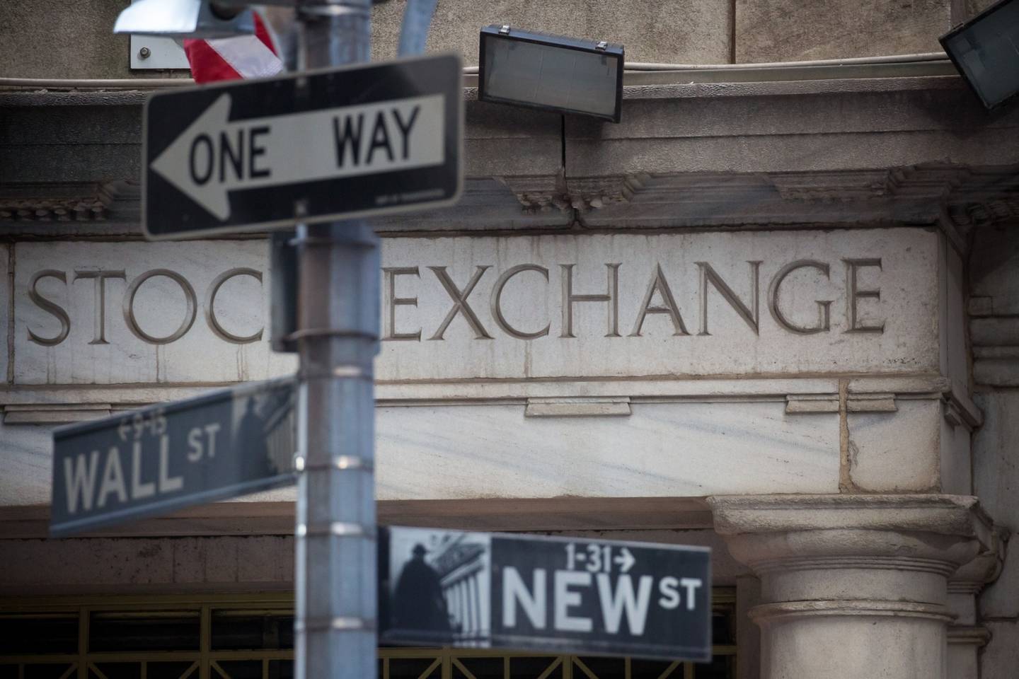 A Wall Street street sign in front of the New York Stock Exchange (NYSE) in New York, US.