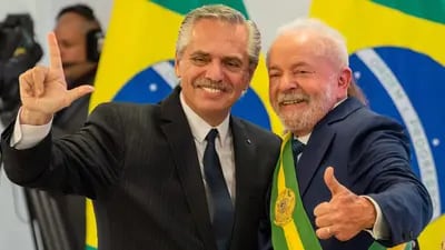 Luiz Inacio Lula da Silva, Brazil's president, right, meets Alberto Fernandez, Argentina's president, after being sworn-in during an inauguration ceremony in Brasilia.