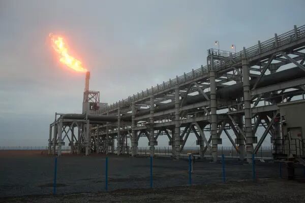 A gas flare, also known as a flare stack, burns at the Yamal LNG plant, operated by Novatek PJSC, in Sabetta, Russia.
