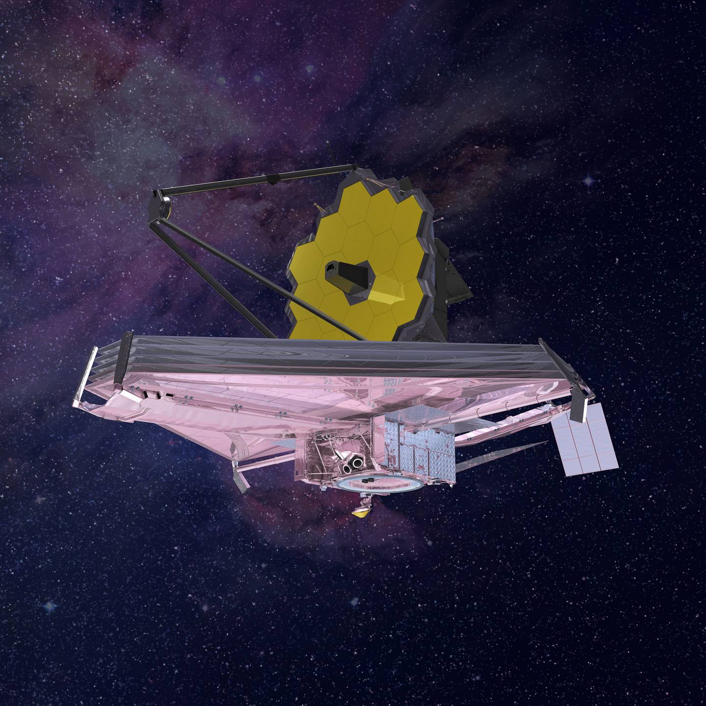 Representación de un artista del telescopio espacial James Webb después de llegar a su estación orbital, a 932.000 millas de la Tierra.Fuente: NASA GSFC / CIL / Adriana Manrique Gutierrezdfd