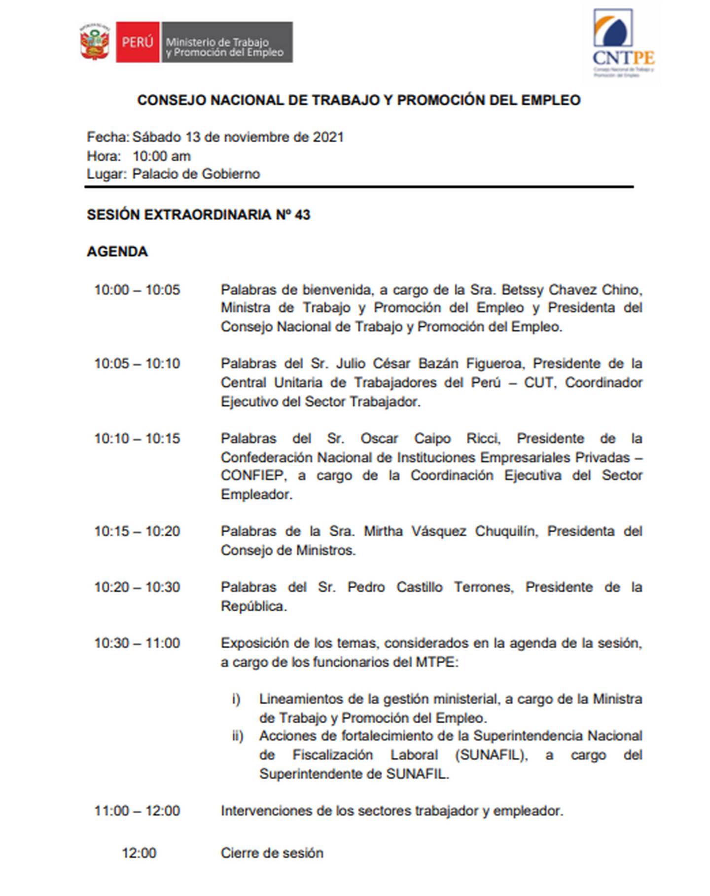 Agenda de la sesión extraordinaria °43 del Consejo Nacional de Trabajo que se celebrará en Palacio de Gobierno.dfd