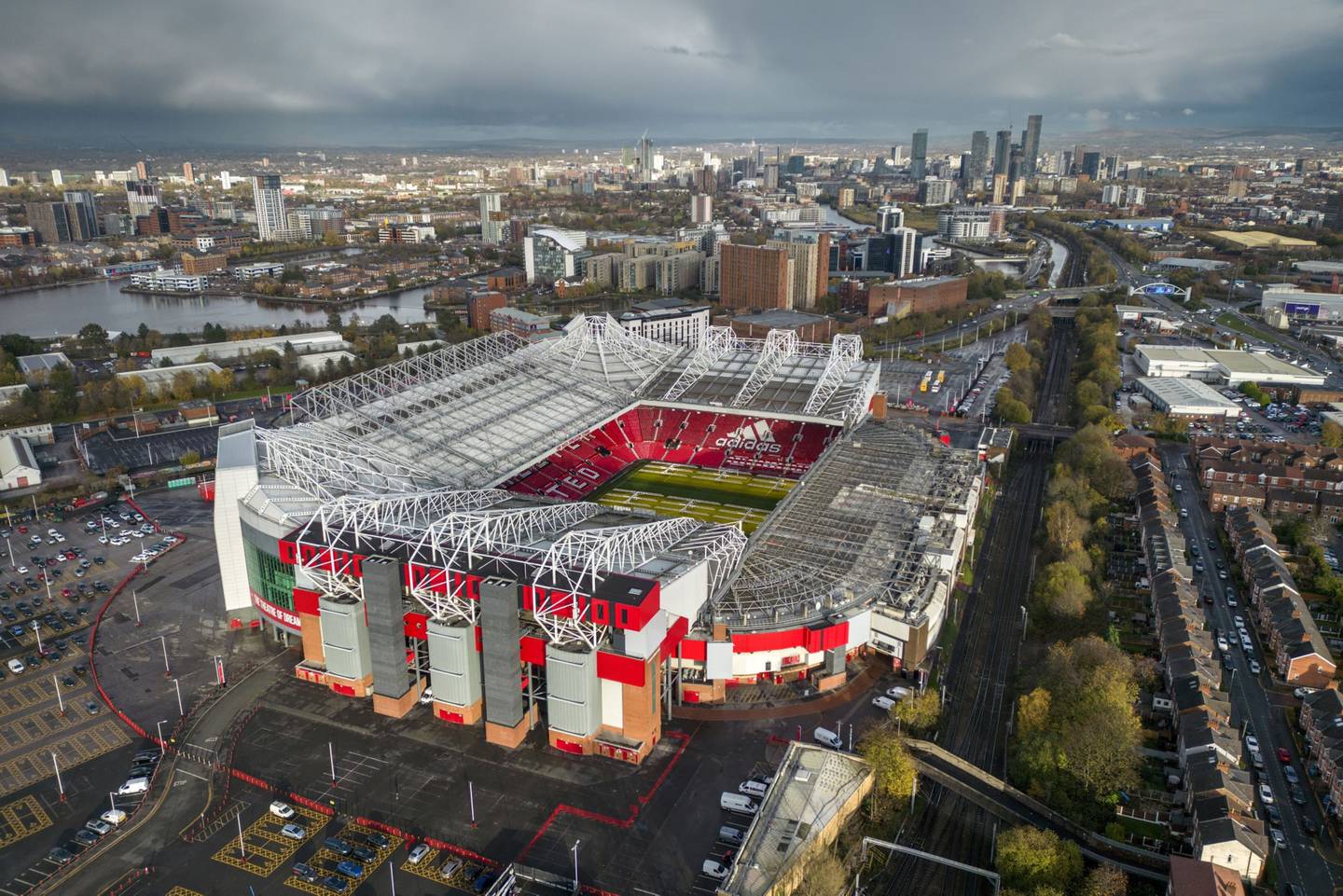 Aerial view of Old Trafford Stadium, the home of Manchester United FC.