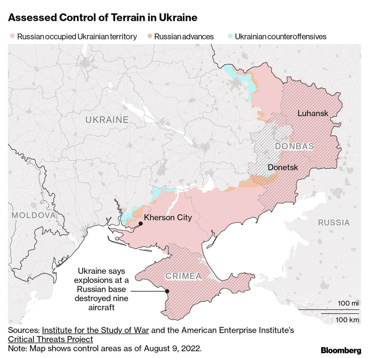 En rosa claro: Territorio ocupado por Rusia
En rosa oscuro: Avances rusos
En celeste: Contraofensivas ucranianasdfd