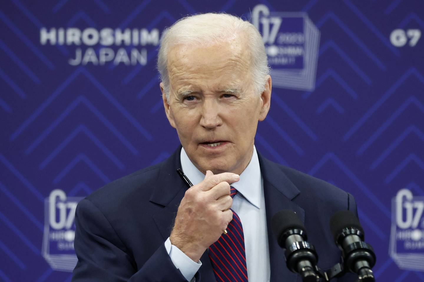 US President Joe Biden speaks during a news conference following the Group of Seven (G-7) leaders summit in Hiroshima, Japan, on Sunday, May 21, 2023. Biden called Republican demands for sharp spending cuts unacceptable and said hell talk with House Speaker Kevin McCarthy about debt-ceiling and budget negotiations on his flight back from Japan.
