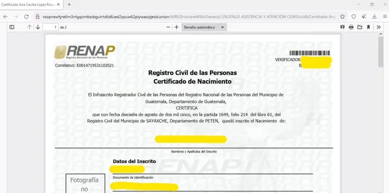 Certificaciones de nacimiento extendidas por el Renap, también se pueden encontrar entre los archivos divulgados.dfd